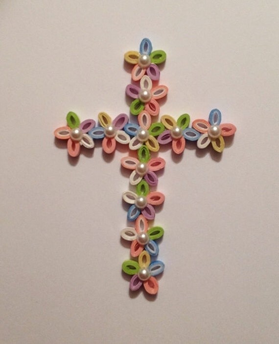 Items similar to Quilled Paper Cross Paper Filigree Paper Lace Pale Pink & White Easter Cross