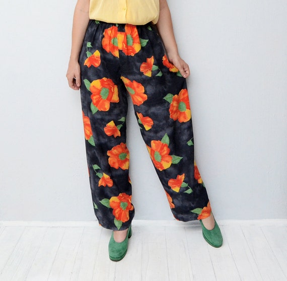 Vintage navy orange floral palazzo pants / 90s by ZvezdanaVintage