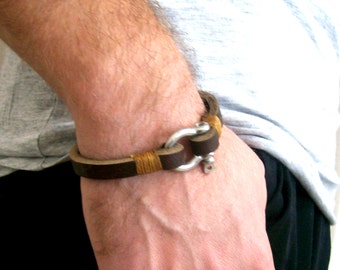 bracelet leather mens bangle clasp gift selling shackle brown unique him silver