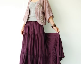 NO.5 Reddish-Purple Cotton Gauze, Hippie Gypsy Boho Tiered Long Peasant Skirt