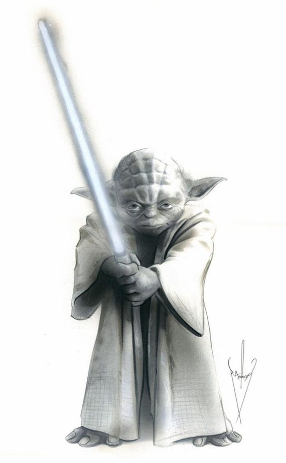 Master Yoda Star Wars Pencil & Airbrush Drawing 12 x 18