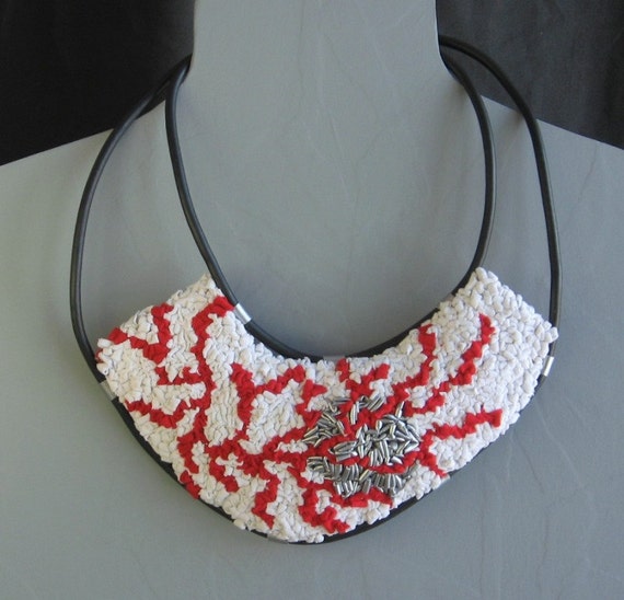 Fiber Art Bib Necklace, collar, hooked rag rug, latch hooked, upcycled, recycled