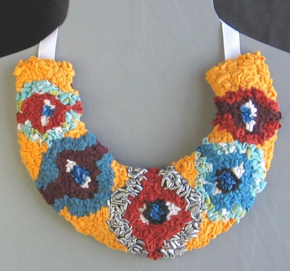 Folk Art Bib Necklace, collar, hooked rag, latch hooked, upcycled, evil eye protection, eyeball motif