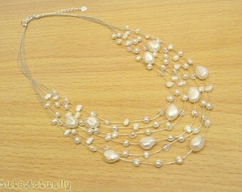 White freshwater pearl necklace with crystal on silk thread, multistrand necklace, bridal, wedding