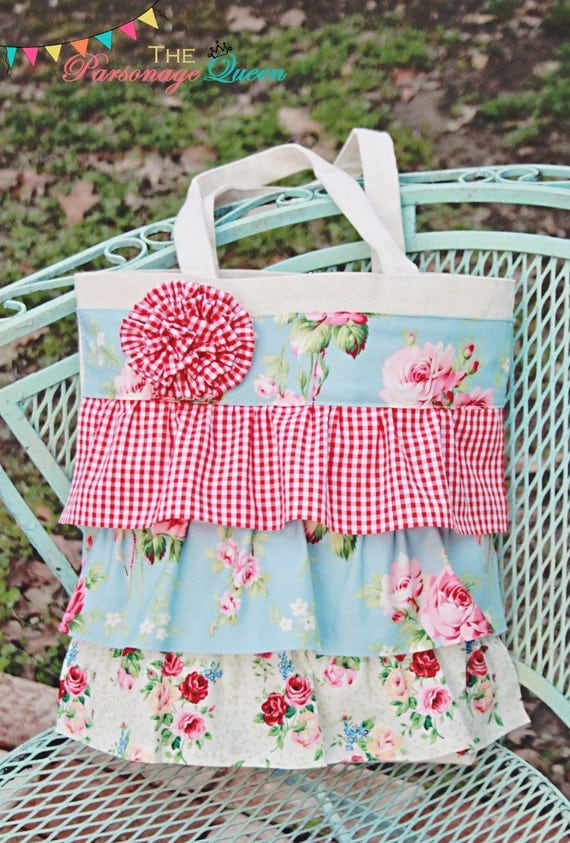 Retro Floral and Gingham Ruffled Tote Bag with Removable