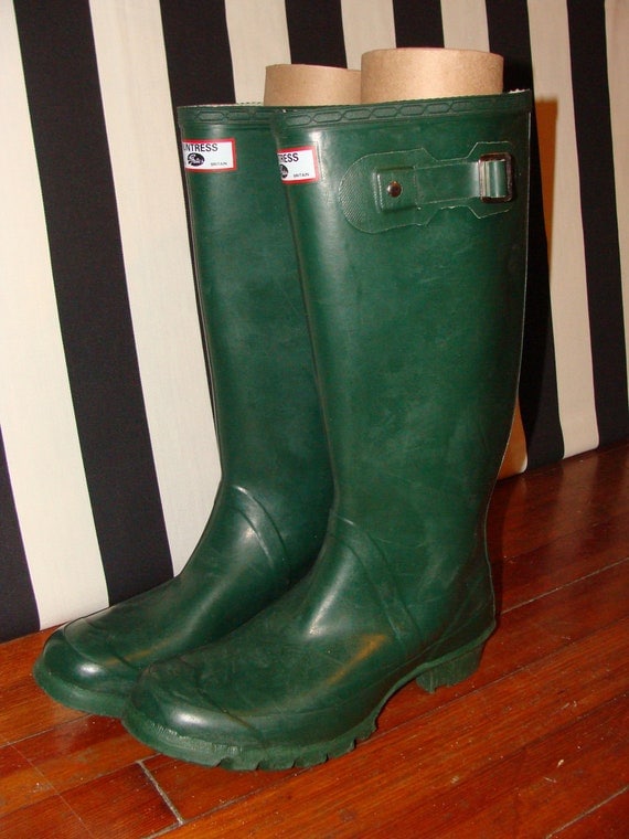 Vintage Huntress Wellies Rain Boots Green with Buckles Made in