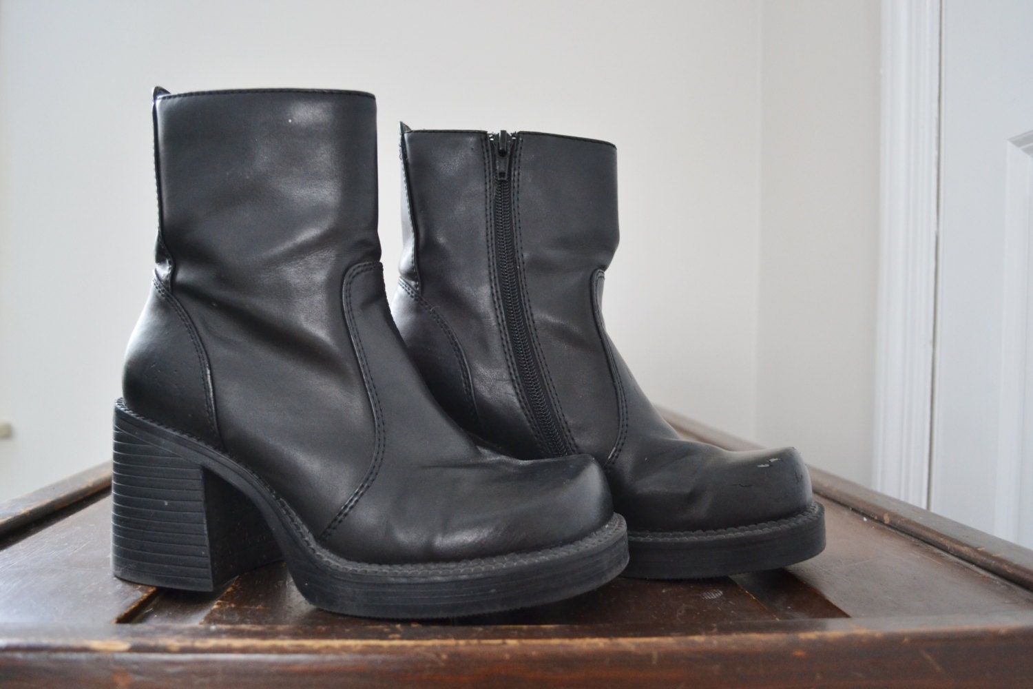Vintage Black Faux Leather Chunky 90s Boots by WonderYearsVintage