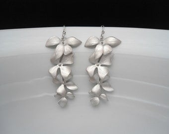 long orchid earring , matte silver orchid earring , tall flower earring , bridesmaid earring long , drop orchid earring