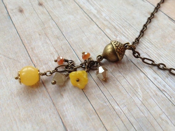 Acorn Necklace, Yellow Peach Champagne Beads Crystals