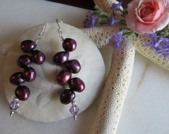 Freshwater Pearl Earrings, Purple Swarovski Crystal Earrings, Sterling Silver Earrings, June Birthstone Earrings, 30th Anniversary Earrings