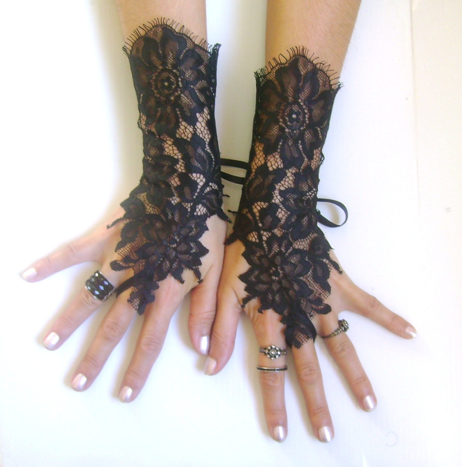 Black Lace Gloves French Lace Bridal Wedding Fingerless