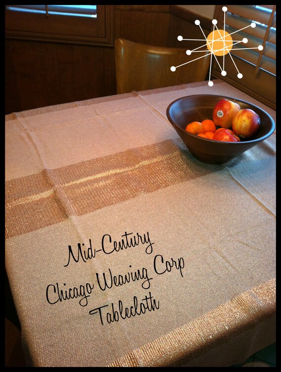 Gold and beige Mid Century Tablecloth Chicago Weaving Corp