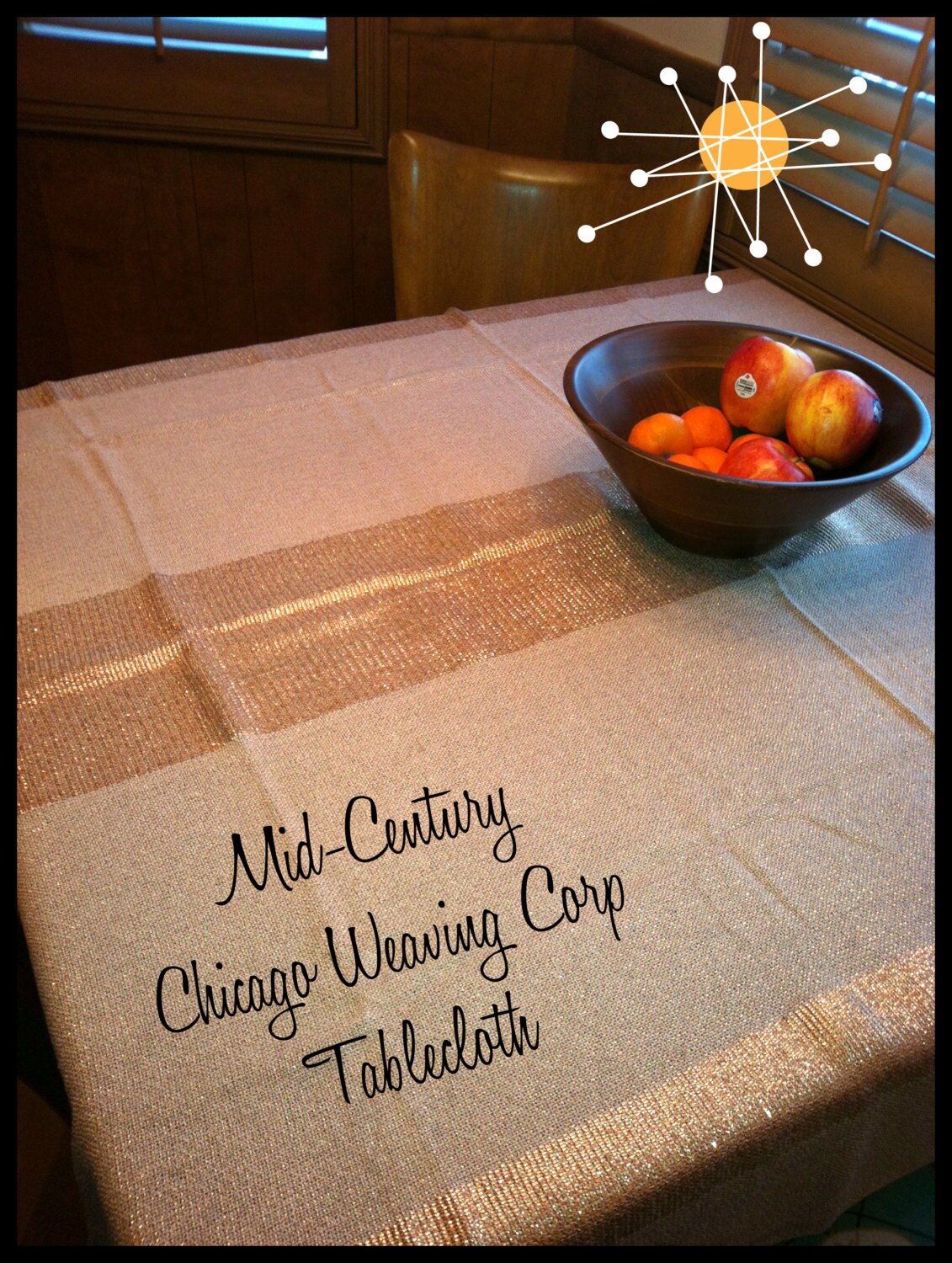 Gold and beige Mid Century Tablecloth Chicago Weaving Corp