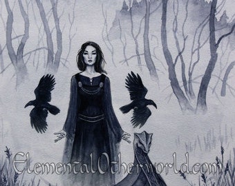 Three Ravens A4 PRINT Mists of Avalon, priestess artwork, witch Goddess, Celtic mythology, Lady of the Lake faerie blue art fantasy painting
