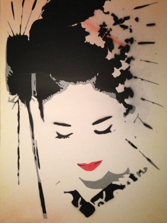 geisha spraypainted stencil painting on canvas