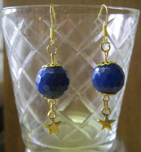 Handmade Gold Hook Earrings with Blue Facetted Jade & Star by IreneDesign2011