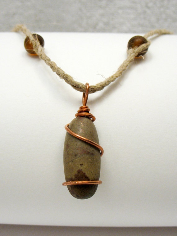 Shiva Lingam Copper Wire Wrapped Pendant & Beaded Natural Hemp