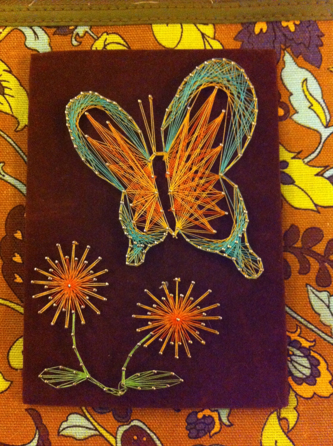 VINTAGE 1960s Handmade String Art with Butterfly/ Flowers