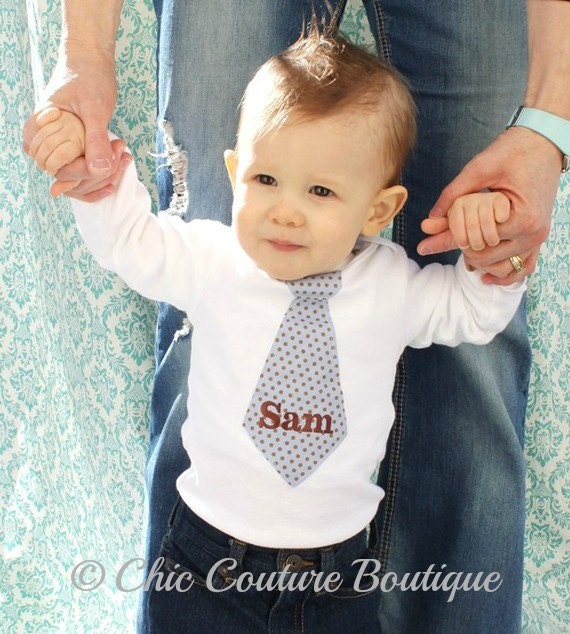 Gift for New Baby Boy, Personalized Tie Bodysuit. Any Tie, Any Size, Any Name or Monogram Embroidered. Blue Brown Polka Dot, Coming Home by ChicCoutureBoutique