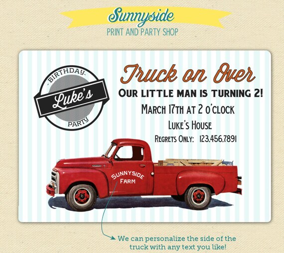 Pickup Truck Retro Birthday Invitation - Printable Boys Birthday Invite - Red or Blue Truck Il_570xn