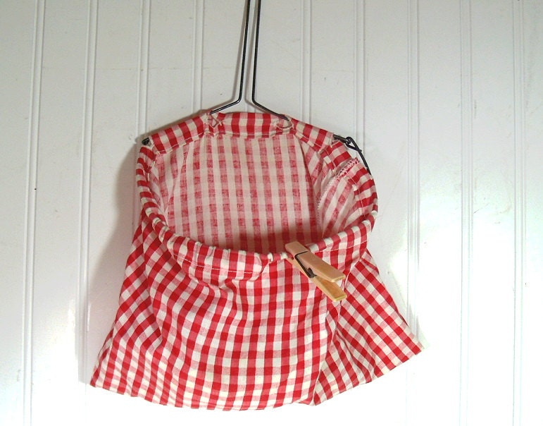 Vintage ClothesPin Bag Retro Red Gingham Fabric on