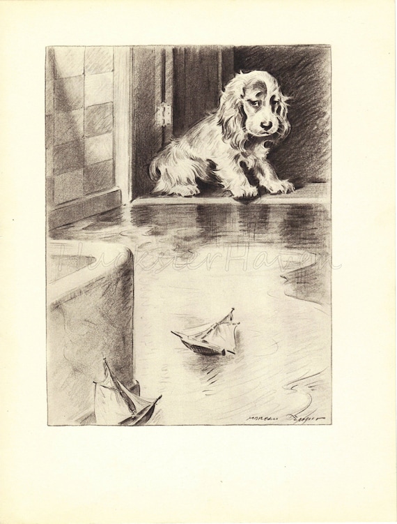 SPANIEL PUPPY Print, 1940s Antique Dog Print, Morgan Dennis, Black & White Wall Decor, Book Page, Wall Art Illustration, English Setter