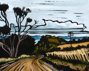 Linocut Print, Handcoloured - Landscape - Tasmanian Scene - Winding Road
