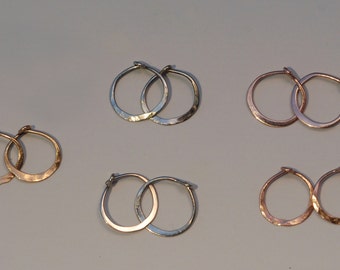 Tiny Gold Hoop Earrings, Solid 14kt Gold Small Hoops 10mm, Huggie Earrings in White Gold, Rose Gold or Yellow Gold, 14k Hammered Earing