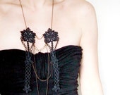 large black lace necklace SALE  chained beaded gothic bronze vamp pendant dress party oversized body jewelry