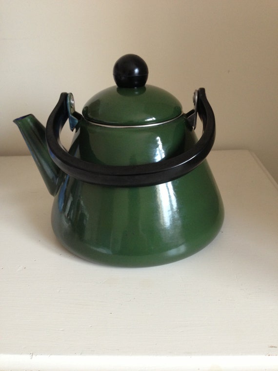 Vintage green enamel tea kettle stove top country kitchen