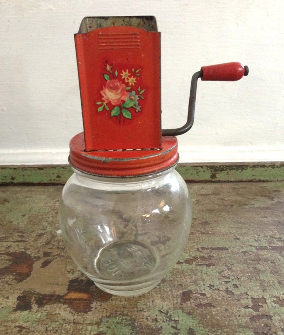 Vintage Grinder Nut Chopper Hazel Atlas Glass Jar Red Metal