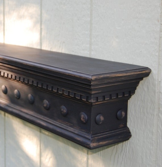 48 Distressed Black Wall Shelf with Wooden by SantaClaraStudio