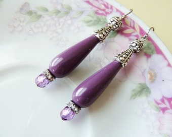 Victorian Style Earrings, Gothic Earrings, Steampunk Jewelry, Vintage Lavender Teardrop Rhinestone Metal, Handmade by KreatedByKelly (DE1)