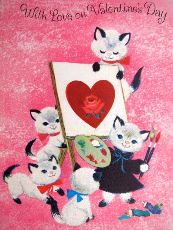 Vintage Valentines Card Cats Sparkle Siamese Kittens