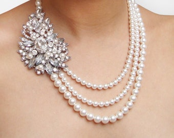 Pearl Bridal Necklace, Vintage Bridal Jewelry, Statement Wedding Necklace, Crystal & Pearl Wedding Jewelry, Pearl Wedding Necklace, PAOLA