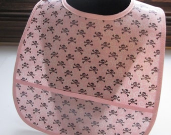 WATERPROOF WIPEABLE Baby to Toddler Plastic Coated Bib Pink Skull Bib