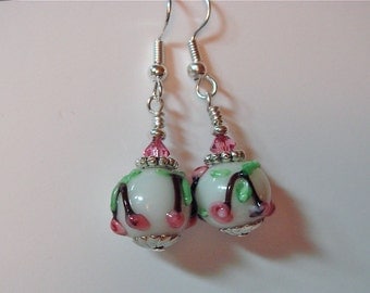 Floral Lampwork Glass Earrings White with Pink and Swarovski Accents on silver