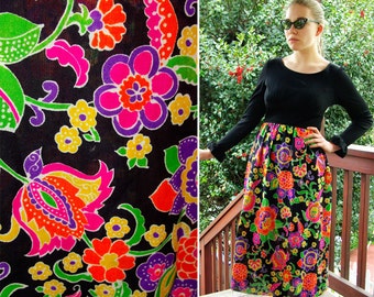 NEON Psychedelic 1960's 70's Vintage Black Dress with Hot Neon Flowers by Mr. B