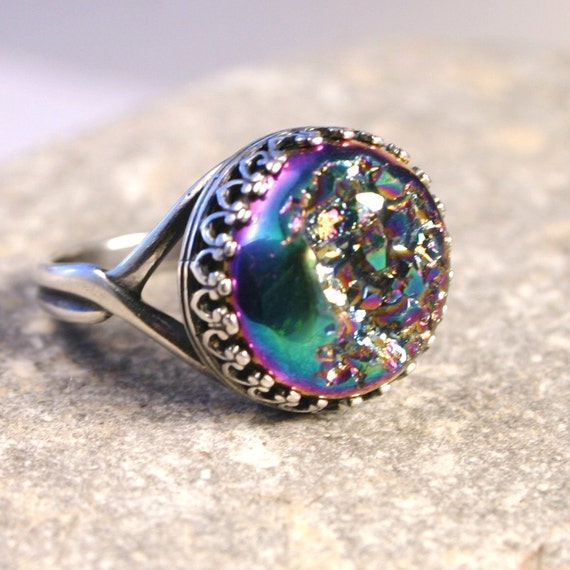 Rainbow Druzy Ring Metallic Titanium Drusy Quartz on