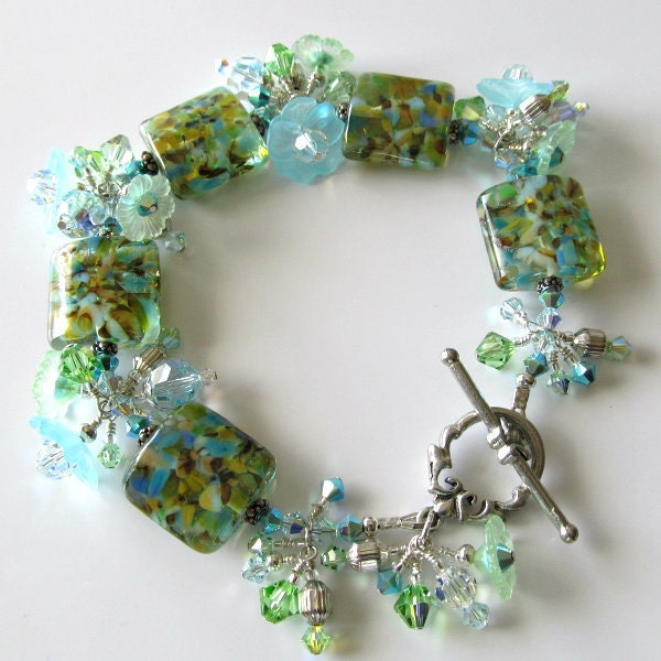 Lampwork bracelet beaded bracelet aqua and green lucite