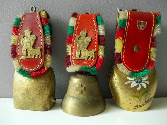 Vintage Swiss Cow Bells : Brass Bells from Switzerland Red