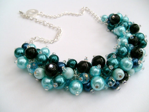 Items similar to Teal and Black Beaded Necklace, Blue Bridesmaid ...