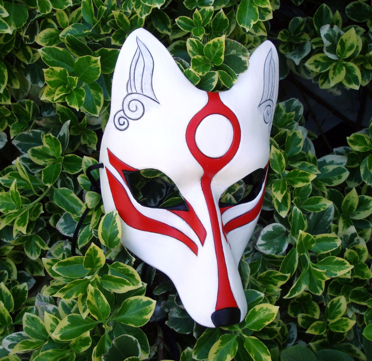 White Okami Kitsune Mask... Japanese Fox Leather Mask