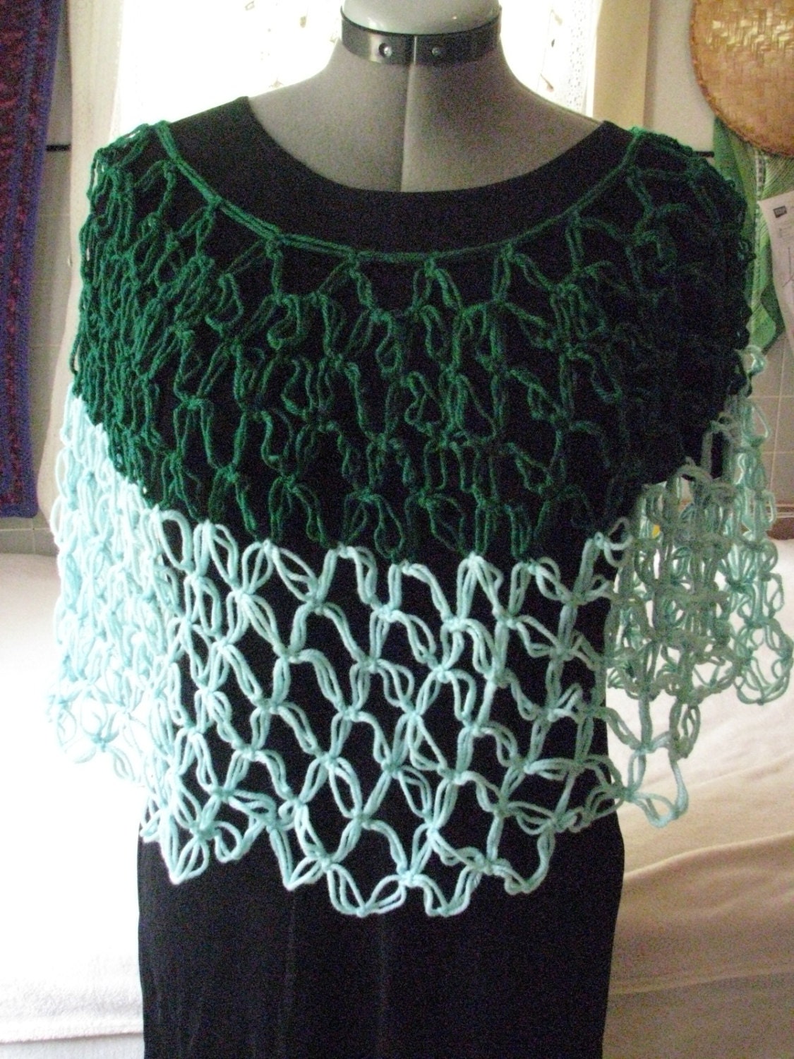 Aqua and green Crocheted Mesh Poncho or shawl