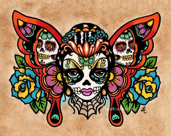 Day of the Dead Sugar Skull BUTTERFLY Old School Tattoo Art