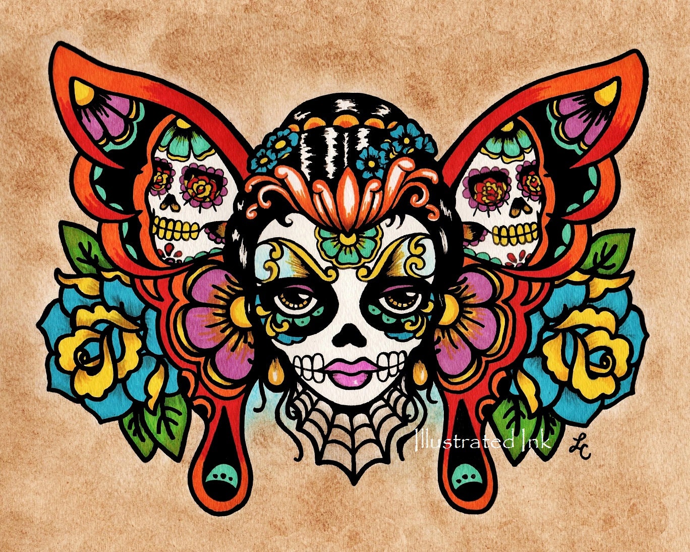 Items similar to SALE Day of the Dead Sugar Skull BUTTERFLY Old School ...