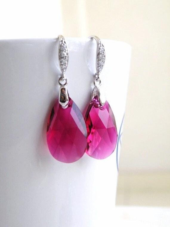 Hot Pink Fuchsia Earrings Swarovski Crystal Teardrop Sterling