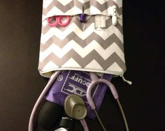 chevron RN NURSING purse / AnyCase, nurse organizer case for stethoscope & BP cuff- in gray/white (nurse purse pockets for penlight / tools)
