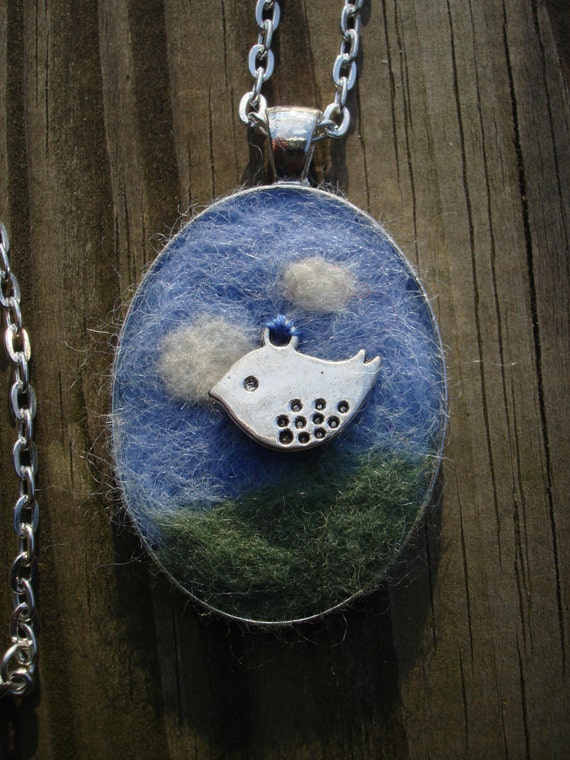 Needle Felted Pendant Necklace Silver Bird Sky Cloud by mosaiclou
