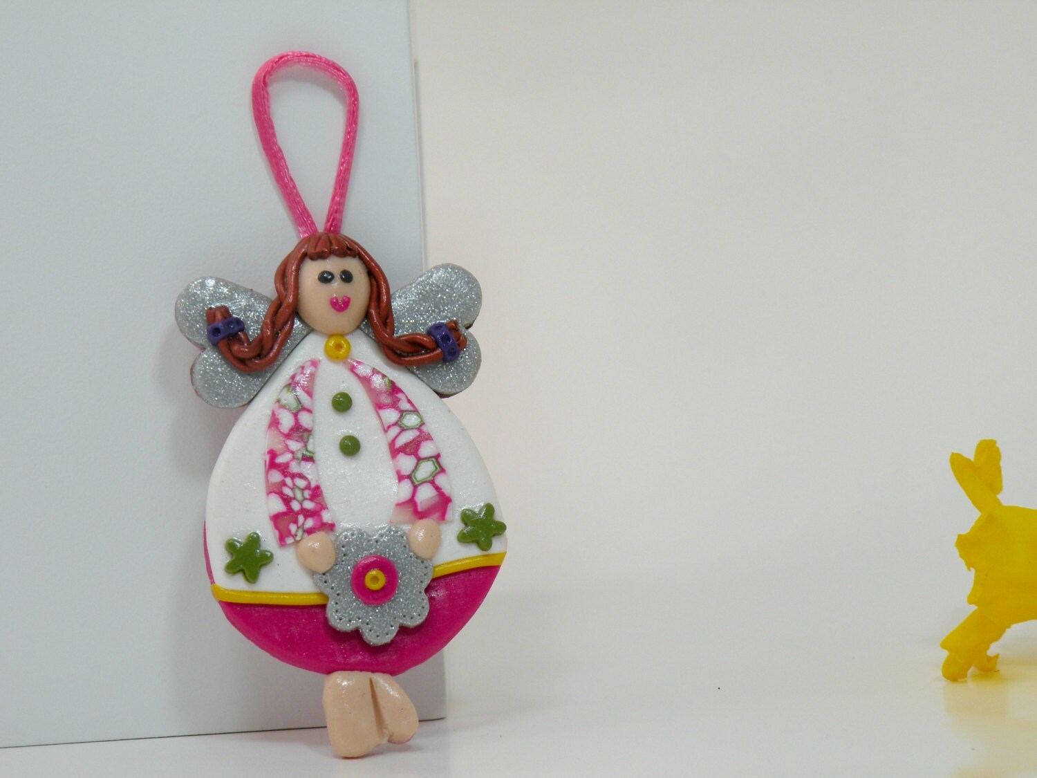 Spring Angel Ornament Decor, Pink, Fushia, Green and Yellow Angel with Flower, Baby Girl Decoration